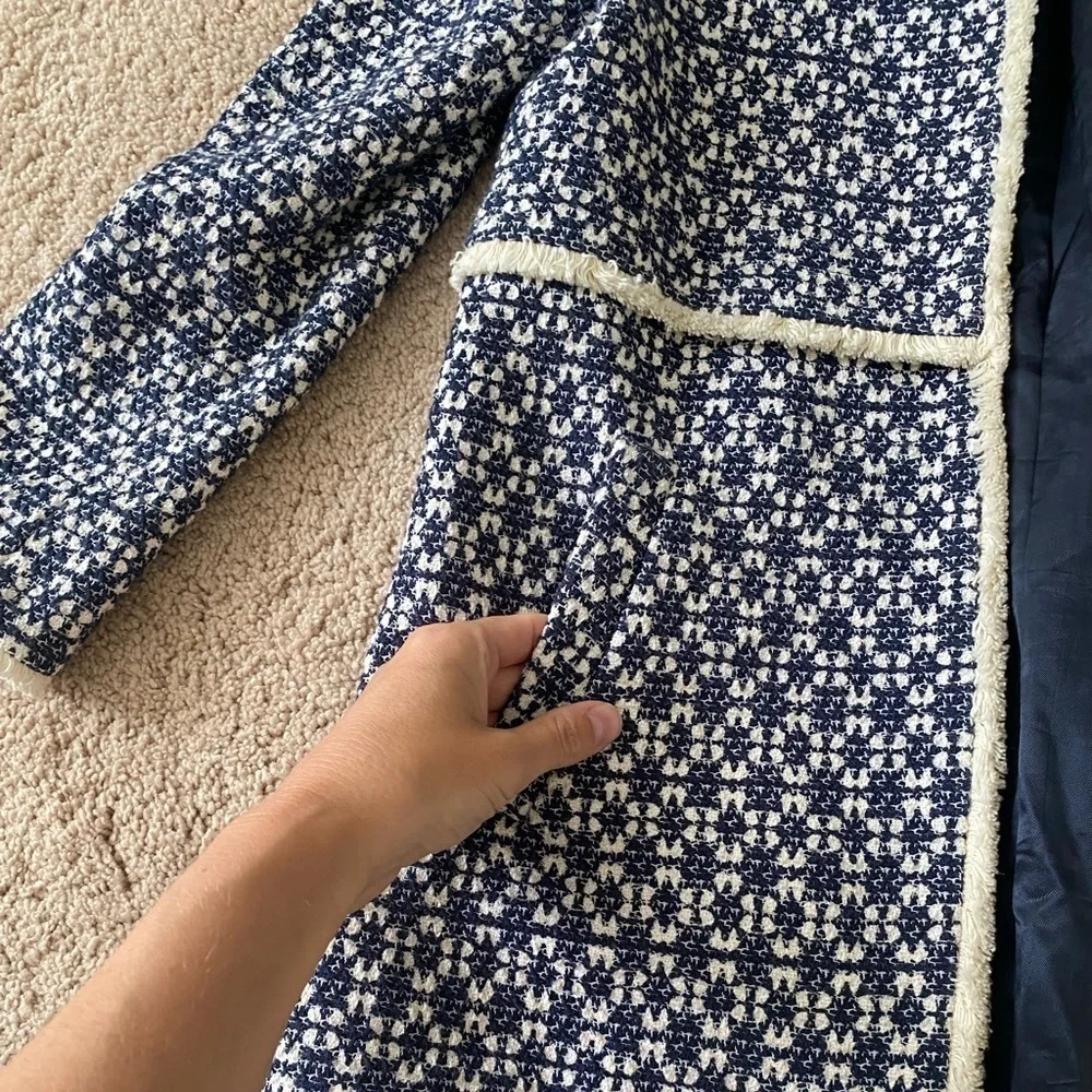 Zara- Viral “That Coat” Navy and White Tweed Long Sleeve Open Front Jacket